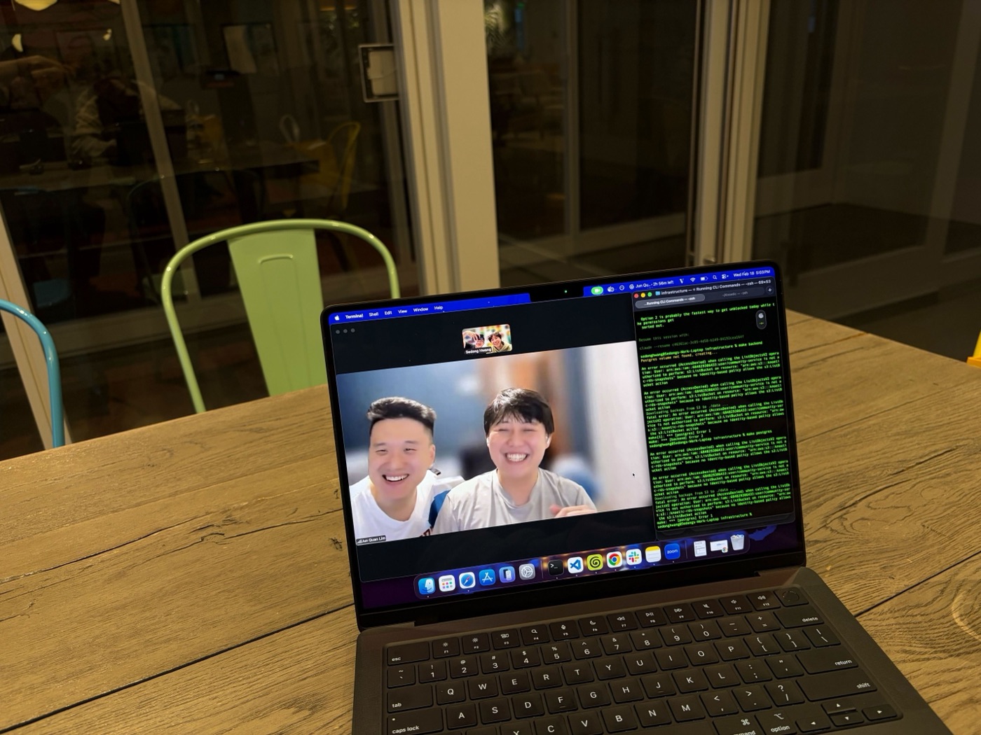 Teammates laughing on a late-night pairing call
